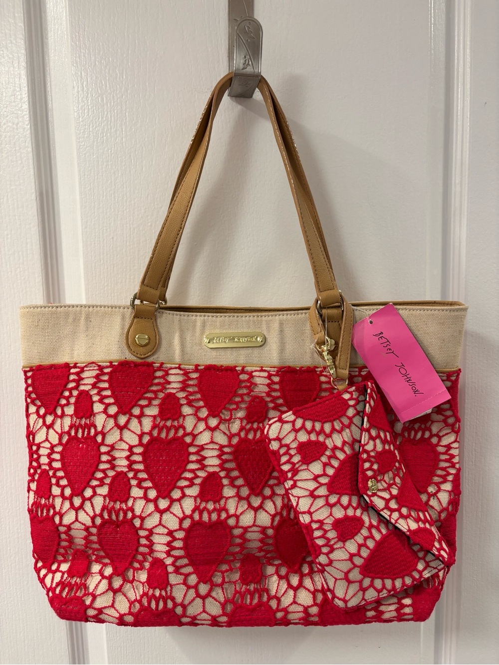 NEW Betsey Johnson Lacey Heart Purse Pink Crochet Heart Tote Tan Handles NWT